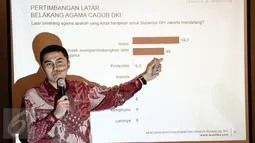 Direktur Eksekutif Manilka Research & Consulting Herzaky Mahendra memberikan presentasi dalam rilis survei "Mengukur Peluang Penantang Ahok di Pilkada DKI Jakarta 2017" di Jakarta, Minggu (19/6). (Liputan6.com/Faizal Fanani)