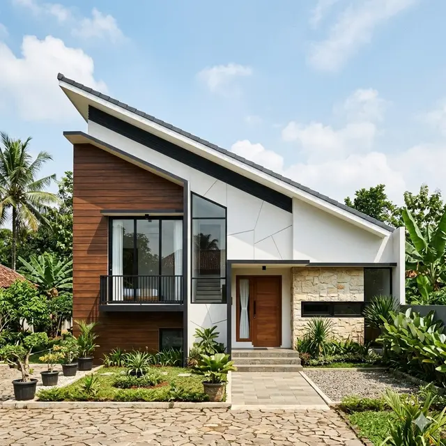 Desain Fasad Rumah Desa dengan Atap Miring