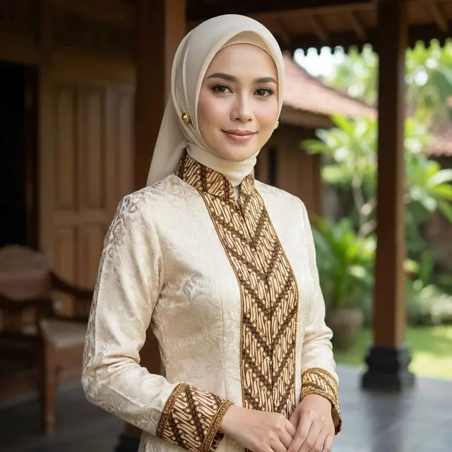 Gamis Brokat dengan Aksen Batik di Kerah dan Manset