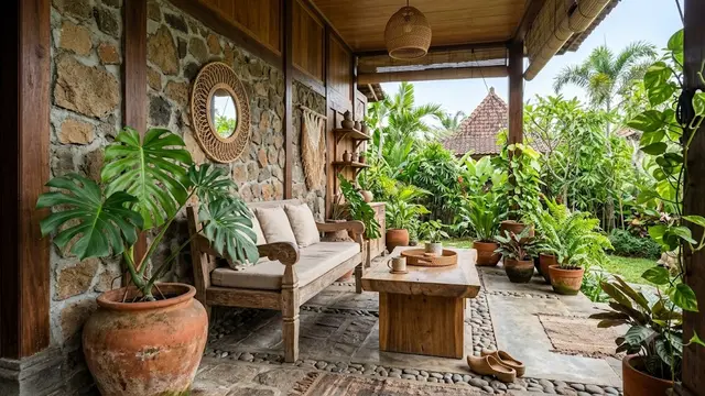 Ide Teras Dinding Batu Tempel dan Monstera