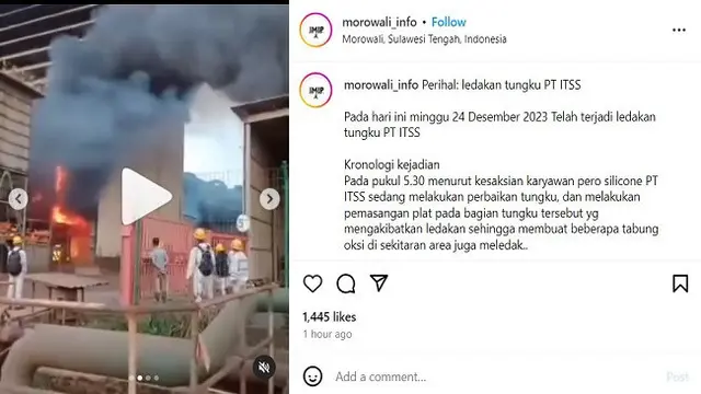 Tungku Smelter milik PT ITSS di kawasan PT Indonesia Morowali Industrial Park (IMIP), Kabupaten Morowali, Sulawesi Tengah dilaporkan meledak pada Minggu (24/12/2023) pagi.