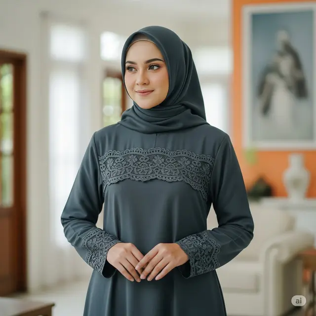 Gamis Renda Tempel di Lengan & Dada