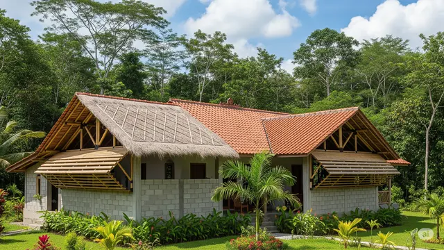Model Rumah Sederhana dari Bambu dan Batako Dengan Kombinasi Atap Jerami dan Genteng/Ilustrasi AI
