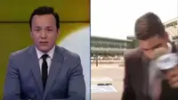 Detik-detik saat reporter tertabrak di tengah siaran langsung. (News.com.au)