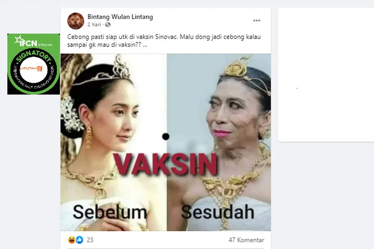 Cek Fakta Liputan6.com menelusuri klaim foto perubahan wajah sebelum dan sesudah divaksin Covid-19