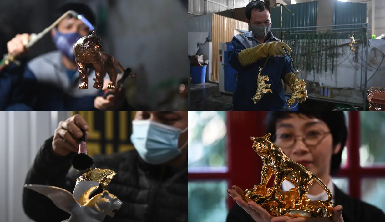 Kombinasi foto yang diambil pada 19 Januari 2022 dari model harimau berlapis emas yang sedang dibuat di Hanoi, Vietnam, menjelang Tahun Baru Imlek mendatang, yang menurut astrologi China ditandai sebagai Tahun Macan Air. (Nhac NGUYEN / AFP)