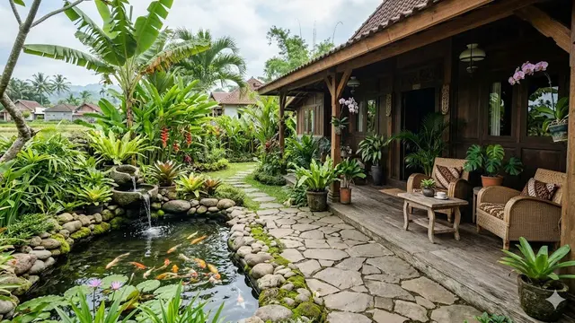 10 Desain Rumah Desa Sederhana dengan Pancuran Mini di Teras, Nuansa Relaksasi
