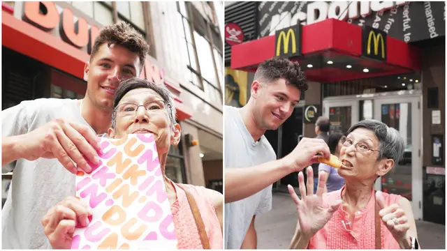 Nick dan Lynja memakan Dunkin' Donuts saat memecahkan rekor dunia.