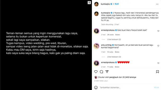 Kunto Aji Bebaskan Lagunya Digunakan Tanpa Bayar Royalti, Asal Bukan untuk Komersial