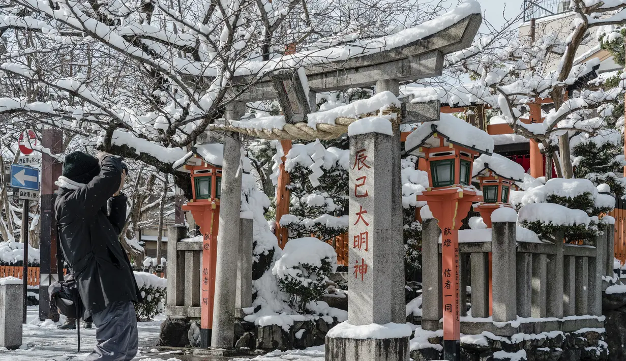 Seorang pria mengambil foto pepohonan yang tertutup salju dan gerbang torii tradisional Jepang di sebuah kuil di Kyoto setelah salju tebal dan angin kencang semalaman mempengaruhi wilayah luas negara itu, Rabu (25/1/2023). Orang-orang diimbau agar bersiap menghadapi salju lebat dan suhu yang rendah serta menahan diri agar tidak keluar rumah untuk urusan yang tidak penting. (Fred Mery / AFP)