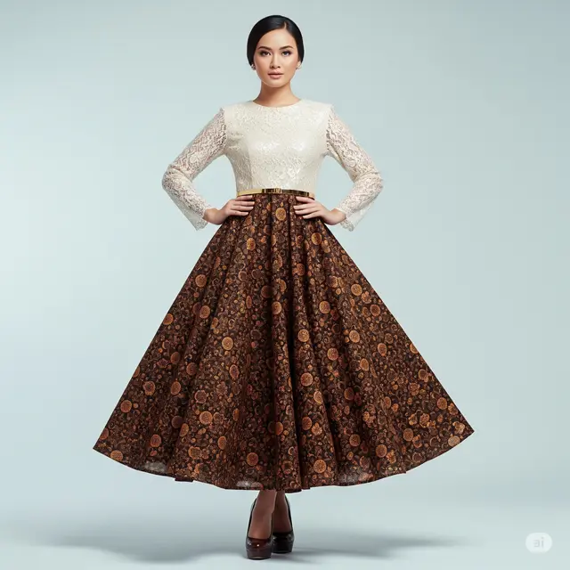 Model Batik Potongan Fit and Flare Kombinasi Brokat yang Elegan.