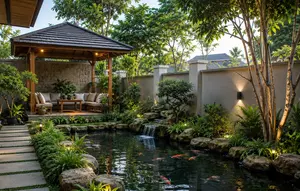 8 Desain Sudut Rumah yang Menggabungkan Kolam Ikan, Taman, dan Gazebo Kecil