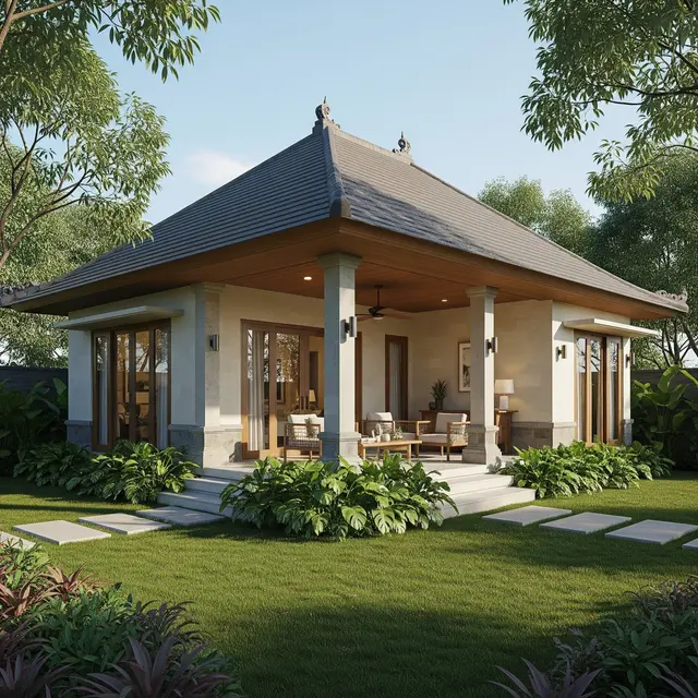 Model Rumah Kecil Tapi Mewah dengan Taman Bernuansa Resort (Image by Gemini AI)