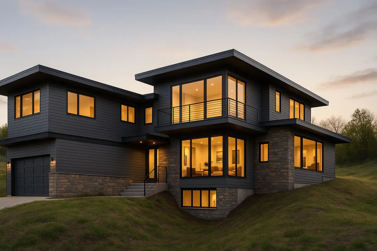 Model Desain Rumah L-Shape Dua Lantai Split-Level/Ilustrasi gambar oleh AI