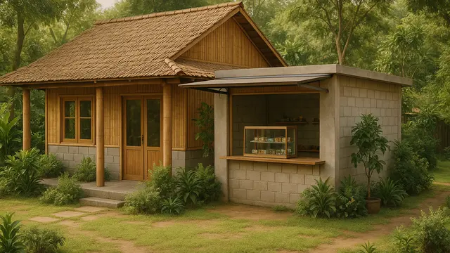 Model Rumah Sederhana dari Bambu dan Batako dengan Warung di Teras
