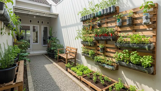 Model Desain Halaman Belakang Rumah Kecil dengan Pot Gantung Sayur dan Tanaman Rempah/ Ilustrasi AI