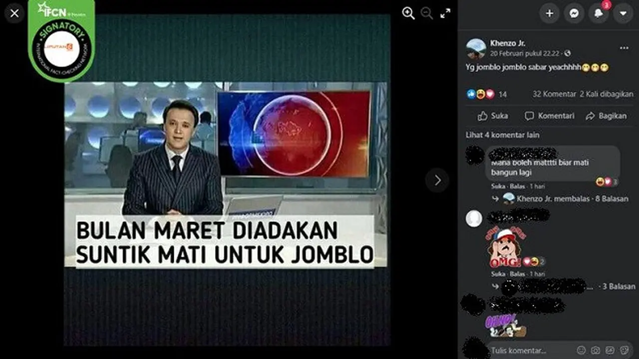 Gambar Tangkapan Layar Kabar Hoaks Jomblo akan Disuntik Mati pada Bulan Maret (sumber: Facebook)