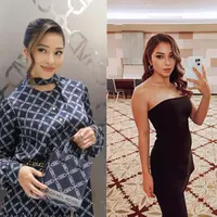 Dress monogram dari Michael Kors yang elegan cocok dipadukan dengan heels dan mini bag. [@nikitawillyofficial94]