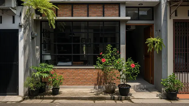 Rumah Industrial Mungil dengan Jendela Kaca Grid Hitam