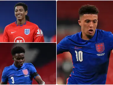 Timnas Inggris memiliki banyak talenta muda yang sangat hebat, diantaranya adalah Jadon Sancho. Pemain klub Borussia Dortmund ini dipercaya menjadi aset pemain hebat di masa depan Timnas Inggris. Berikut Jadon Sancho dan pemain muda bertalenta di Timnas Inggris. (kolase foto AFP)