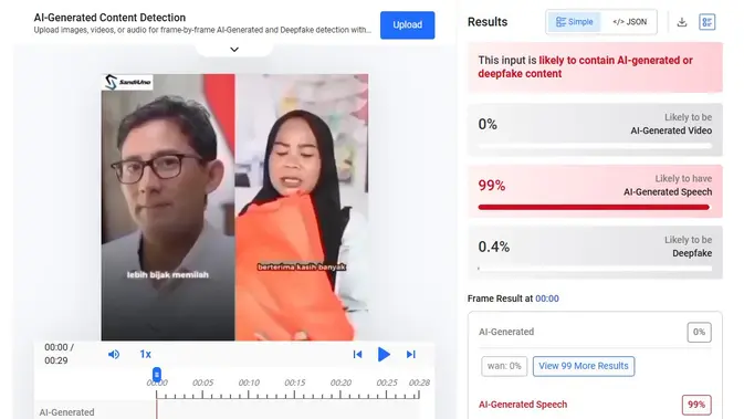 Video dan audio klaim Sandiaga Uno membagikan bantuan tunai hingga sembako menunjukkan hasil AI. (Foto: tangkapan layar Hive Moderation)