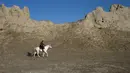 Seorang penunggang kuda bersiap untuk mengikuti pertandingan olahraga tradisional Buzkashi di Mazar-i-Sharif, Afghanistan (20/12). Olahraga Buzkashi ini sering dibandingkan dengan polo, karena sama-sama dimainkan ditas kuda. (AFP/Farshad Usyan)