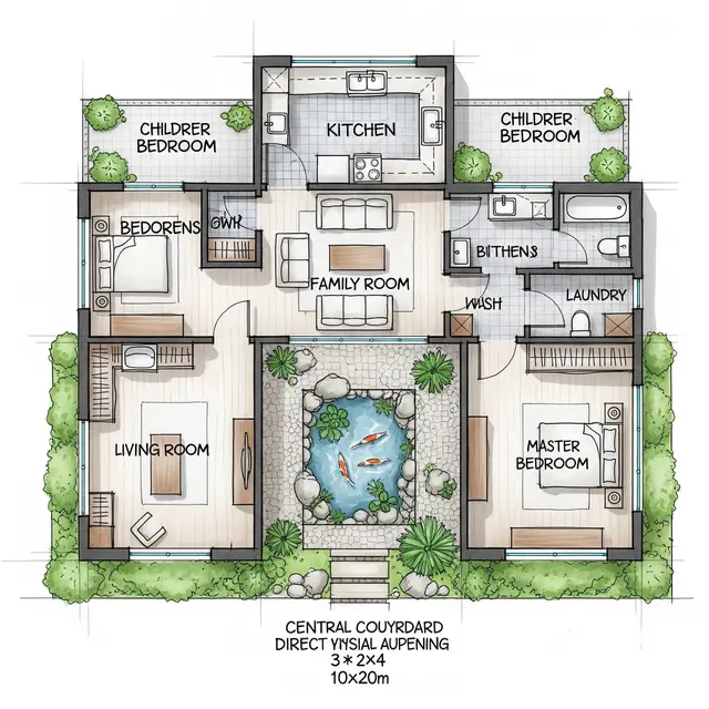 Denah Rumah 10x20 dengan Konsep Courtyard dan Kolam Ikan