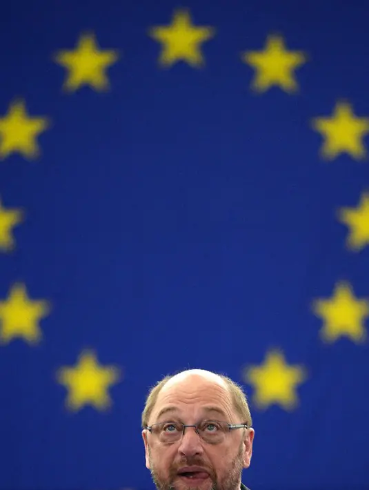 Presiden Parlemen Eropa, Martin Schulz menghadiri sidang Parlemen Eropa di Strasbourg, Perancis,  (7/7/2015). Parlemen Eropa Heald sidang paripurna pada tanggal 7 Juli pada konsekuensi dari hasil referendum Yunani.  (AFP PHOTO/PATRICK Hertzog)