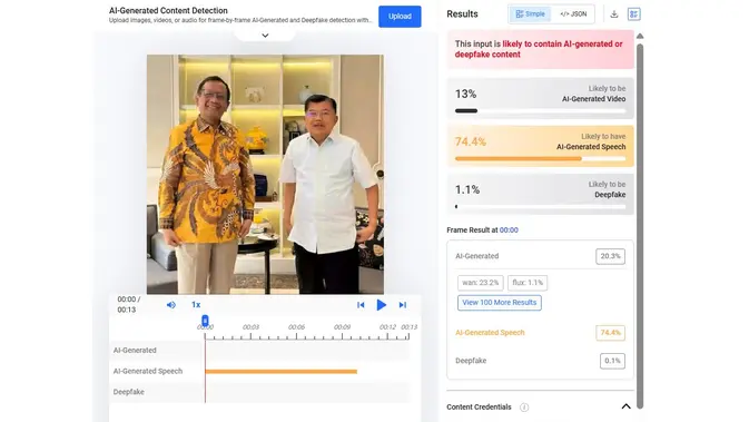 Postingan klaim Mahfud Md mengumumkan dana bantuan untuk modal usaha menunjukkan hasil AI. (Foto: tangkapan layar Hive Moderation)