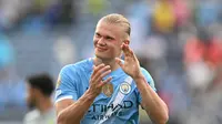 Ekspresi bahagia Erling Haaland setelah Man City mengalahkan Juventus 5-2 pada lanjutan Piala Dunia Antarklub 2025, Jumat (27/6/2025) dini hari WIB. (Chandan KHANNA / AFP)
