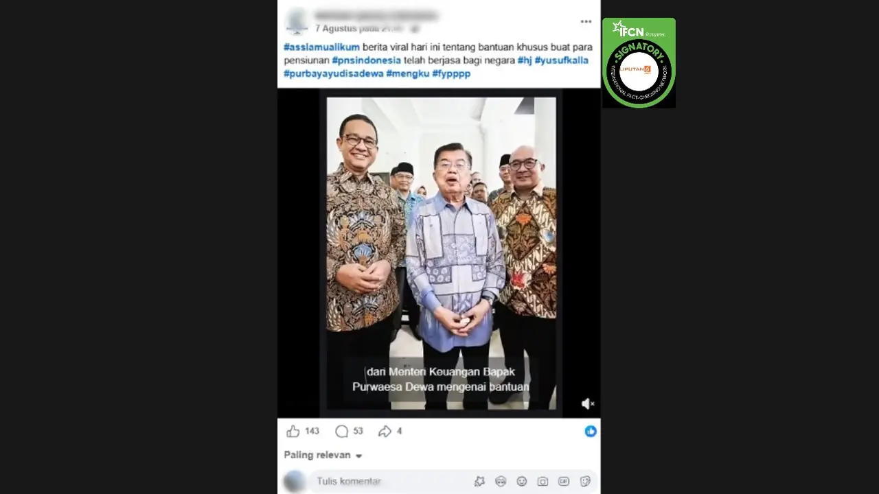 Cek Fakta Liputan6.com mendapati klaim video Jusuf Kalla menyampaikan dukungan terhadap Menkeu Purbaya mengenai program bantuan dana pensiunan