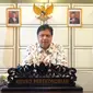 Menteri Koordinator Airlangga Hartarto dalam sambutannya pada Kuliah Umum Program Doktor Ilmu Manajemen Universitas Terbuka dengan tema “Daya Saing SDM dan Strategi Pemulihan Ekonomi Nasional” di Jakarta, Sabtu (10/10/2021).