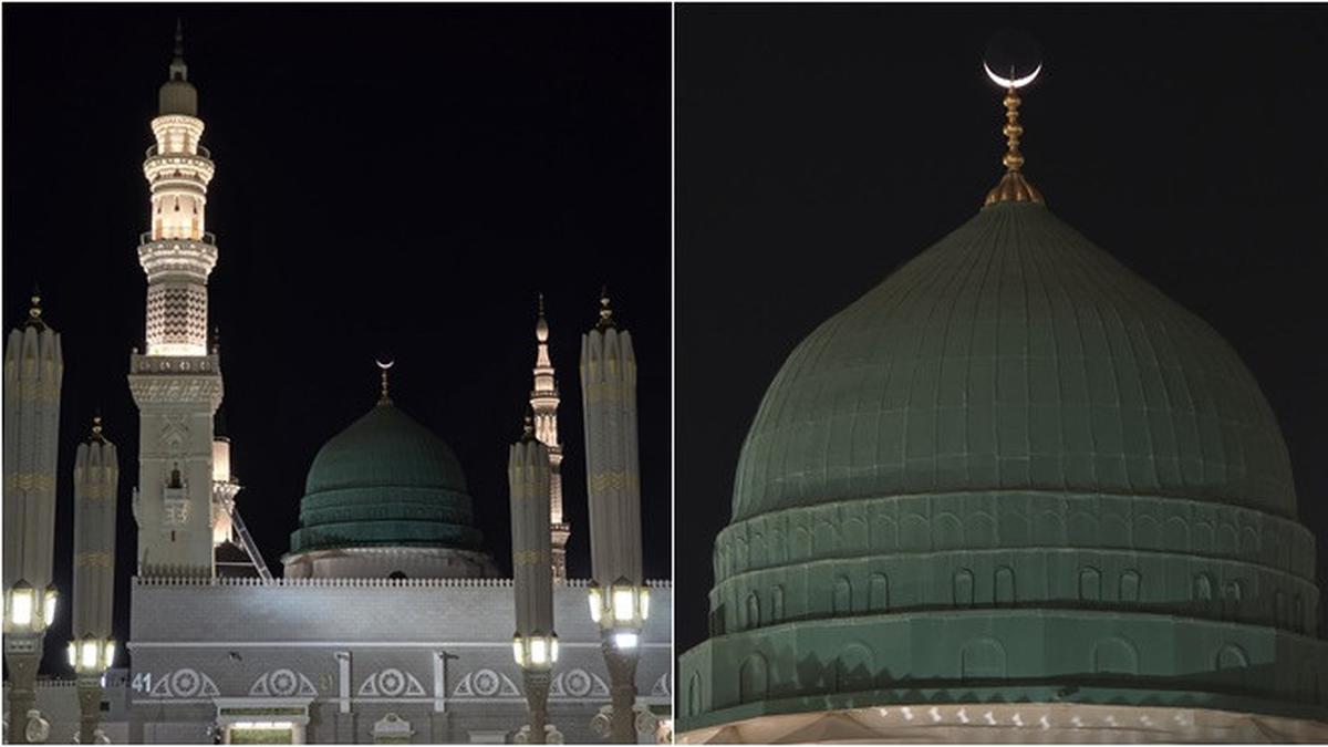 Potret Keindahan Bulan Sabit Sejajar dengan Kubah Hijau Masjid Nabawi, Bikin Takjub