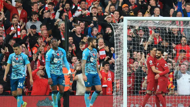 Selebrasi pemain Liverpool saat menghajar Southampton di Liga Inggris