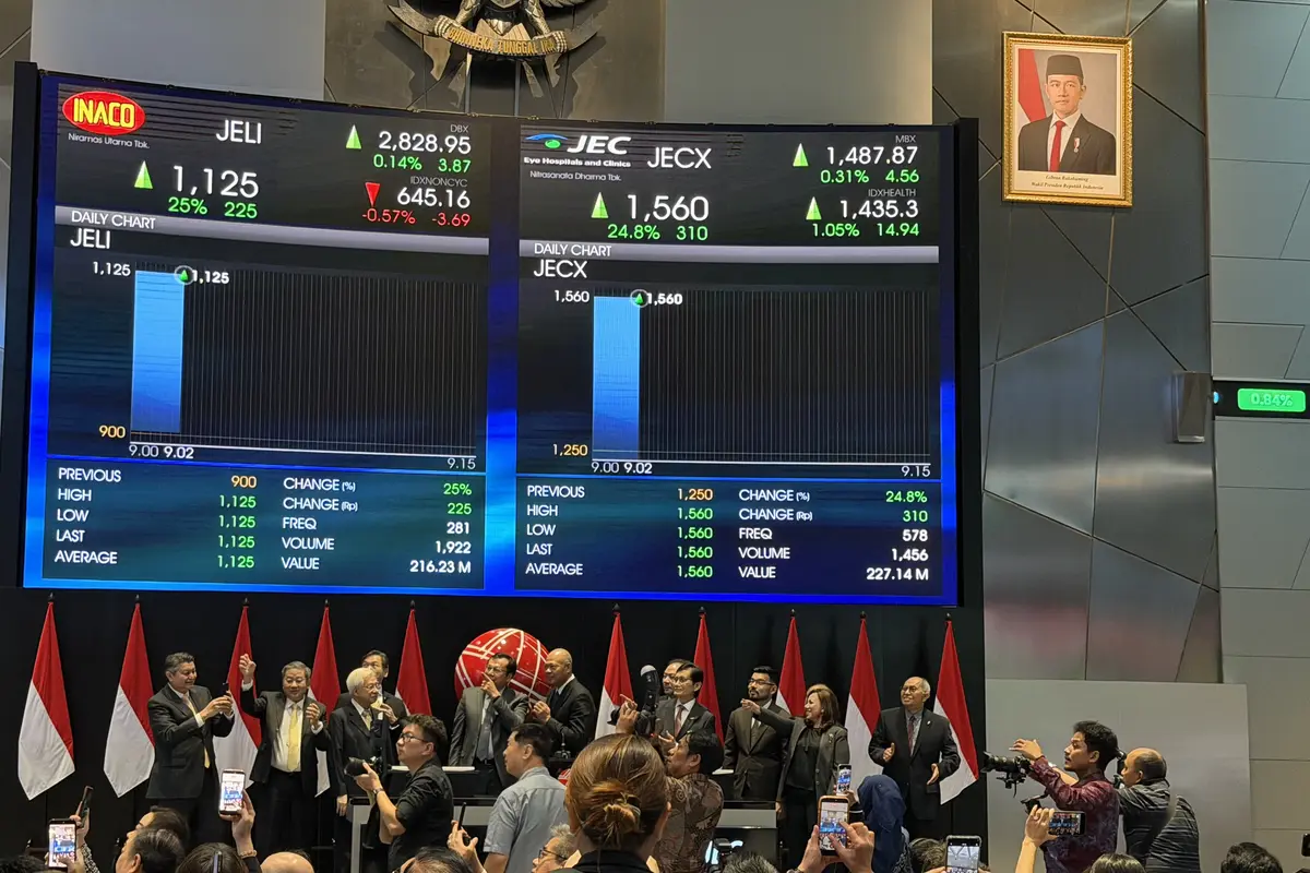 Produsen INACO (JELI) dan klinik mata JEC (JECX) resmi IPO hari ini di BEI, Selasa (7/7/2026). (Liputan6.com/Tira)
