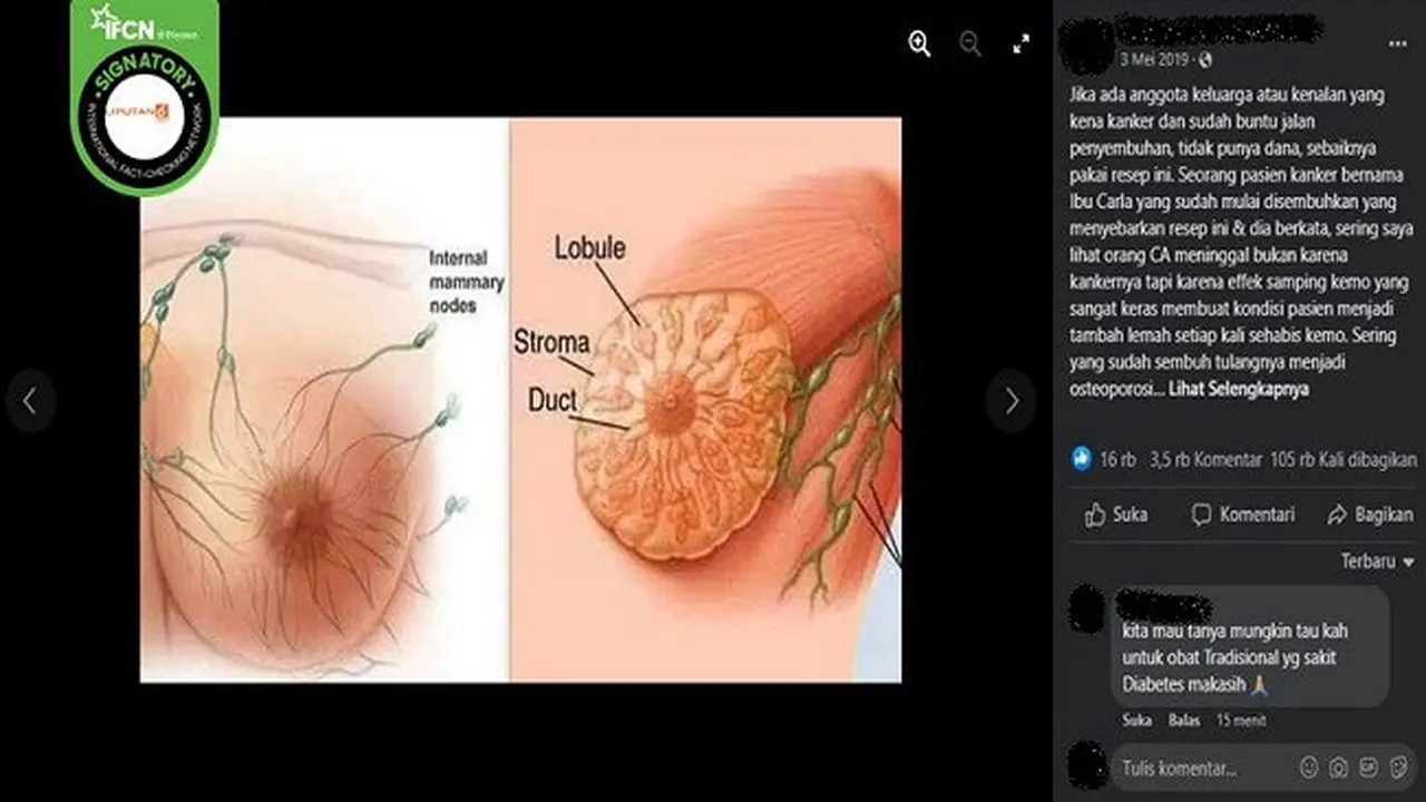 Gambar Tangkapan Layar Klaim Kanker Bisa Disembuhknya dengan Mengonsumsi Kunyit Putih hingga Gula Batu (sumber: Facebook).