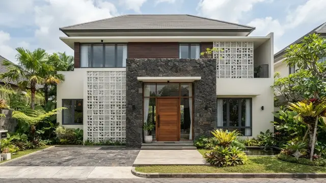 Model Fasad Rumah dengan Perpaduan Roster dan Batu Andesit yang Elegan