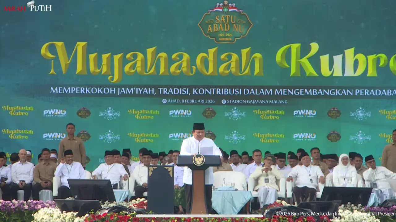 Presiden Prabowo Subianto saat acara Mujahadah Kubro 1 Abad NU. (Foto: tangkapan layar youtube Sekretariat Negara/Tira Santia)