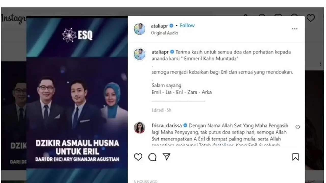 Istri Ridwan Kamil, Atalia Praratya Unggah Video Zikir Kirim Doa untuk Eril