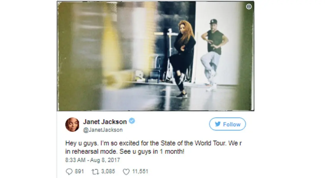 	Jelang konser, Janet Jackson pamer latihan kerasnya di akun media sosial miliknya (Twitter)