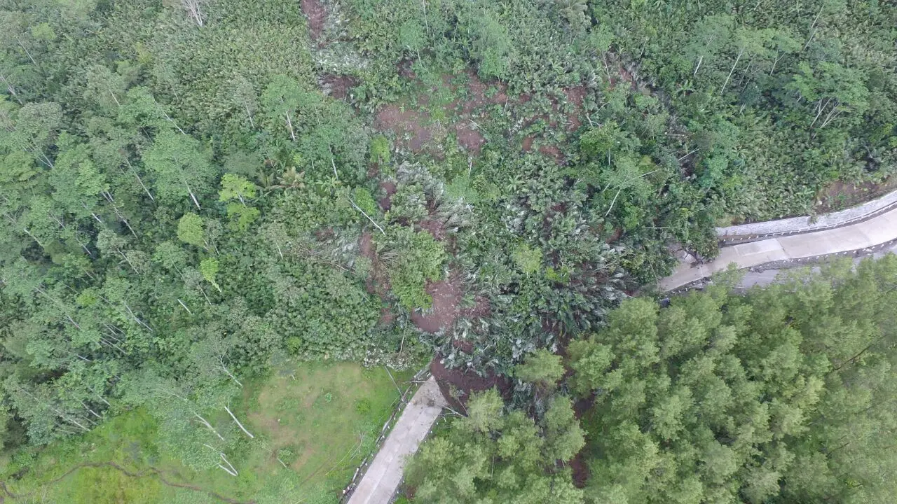 Foto udara longsor di jalur provinsi antara Banjarnegara-Karangkobar di titik Paweden Kecamatan Banjrmangu. (Foto: Liputan6.com/ BPBD Banjarnegara/Muhamad Ridlo)