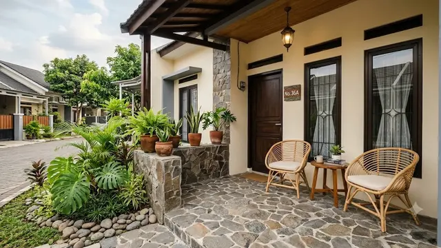 6 Inspirasi Teras Rumah Tipe 36 dengan Sentuhan Batu Alam, Bikin Fasad Makin Estetik