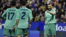 Pemain depan Real Madrid, Karim Benzema (kanan) berselebrasi dengan rekan-rekannya usai mencetak gol ke gawang Real Zaragoza pada pertandingan Copa del Rey (Piala Raja) di stadion La Romareda di Zaragoza (29/1/2020). Real Madrid menang telak 4-0 atas Zaragoza. (AFP Photo/Jose Jordan)