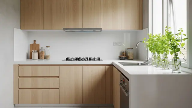 Dapur Minimalis Skandinavia Bentuk L dengan Tanaman Mint