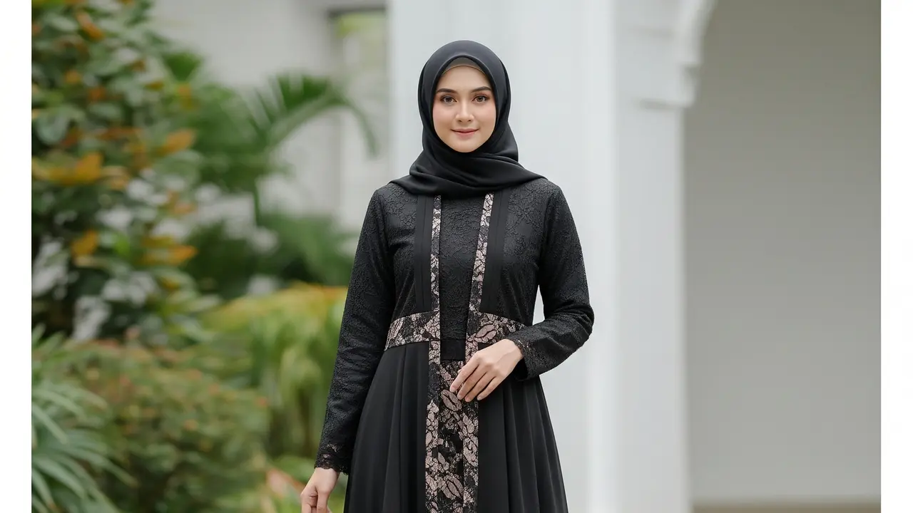 Model Gamis Abaya Hitam dengan Kombinasi Bahan/Tekstur