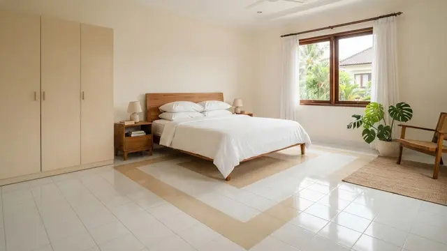 Kombinasi 2 warna keramik polos yang bikin tampilan rumah jadi mewah model putih dan krem untuk kamar tidur