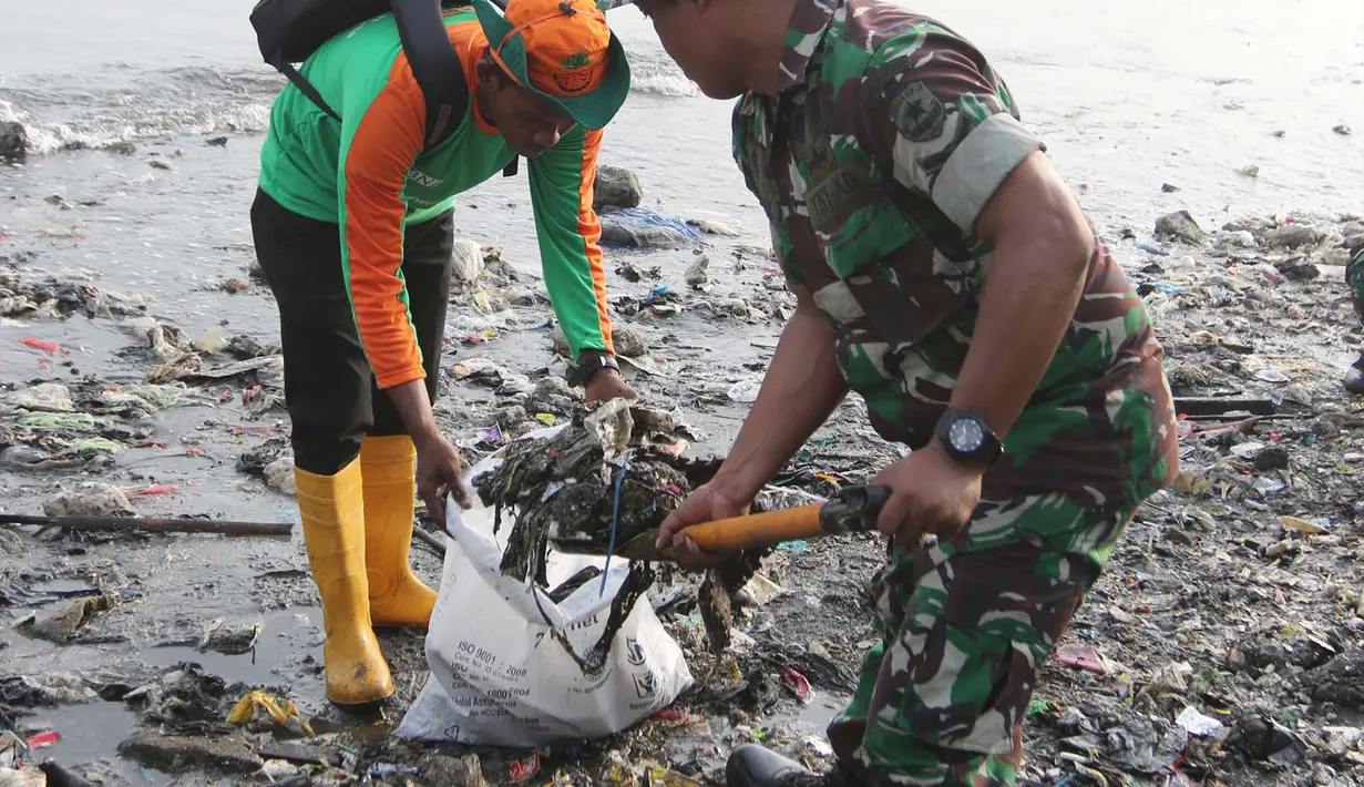 Petugas TNI memasukan sampah ke dalam karung saat mengikuti Gerebek Sampah di Pesisir Teluk Jakarta, Cilincing, Jakarta Utara, Minggu (15/4). (Liputan6.com/Arya Manggala)