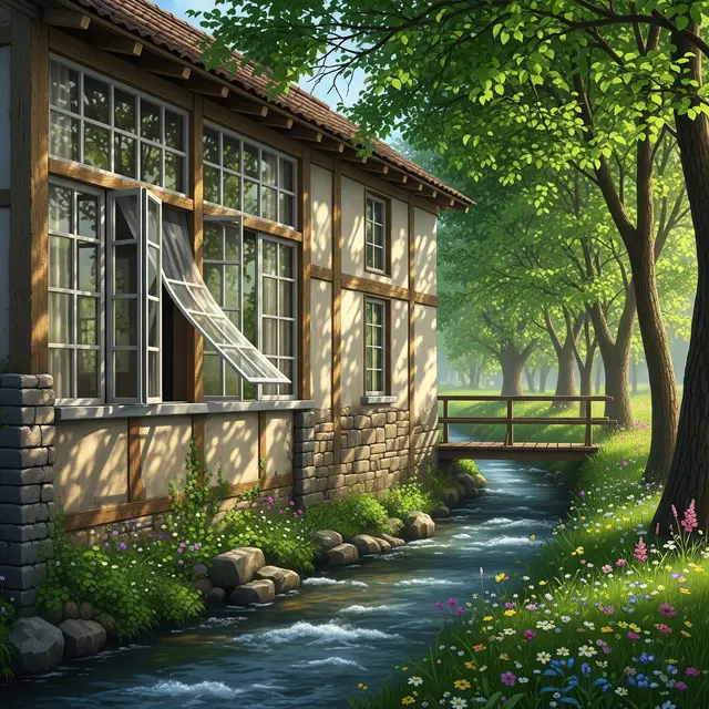 Contoh Rumah Sederhana di Desa dengan Suara Gemericik Air yang Menenangkan (Image by Gemini AI)