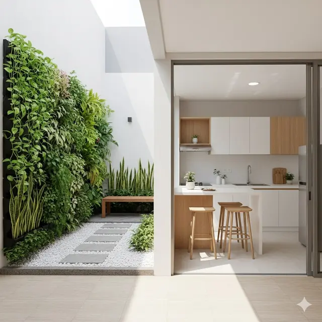 Dapur L-Shape Menghadap Taman Kering Minimalis