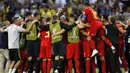 Para pemain Belgia merayakan kemenangan atas Brasil pada laga perempat final Piala Dunia di Kazan Arena, Kazan, Jumat (6/7/2018). Belgia menang 2-1 atas Brasil. (AP/Francisco Seco)